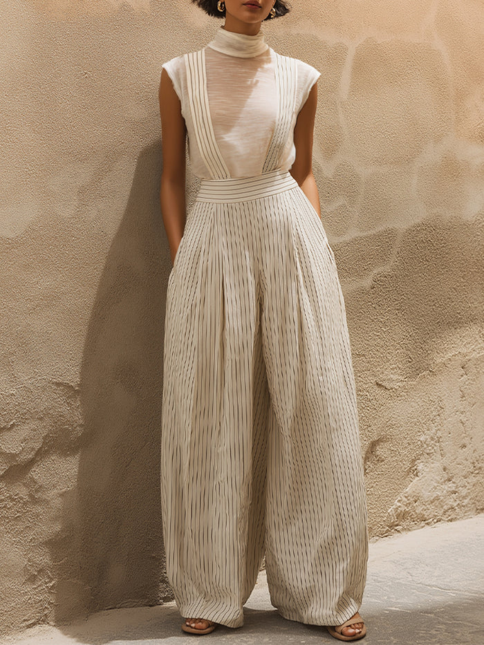 Artisan Linear Linen Co-ord Set – High-Neck Sheer Top & Striped Suspender Palazzo Trousers