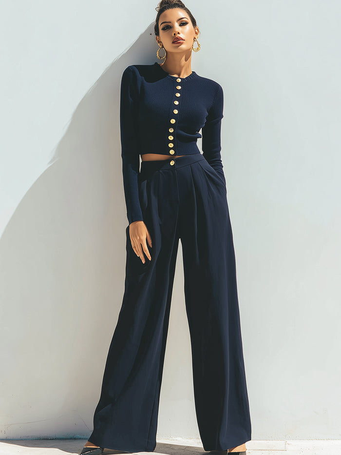 Navy Button-Front Cropped Top With Wide-Legged Pants Set