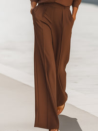 Brown Satin Button-Up Shirt And Wide-Leg Trouser Set