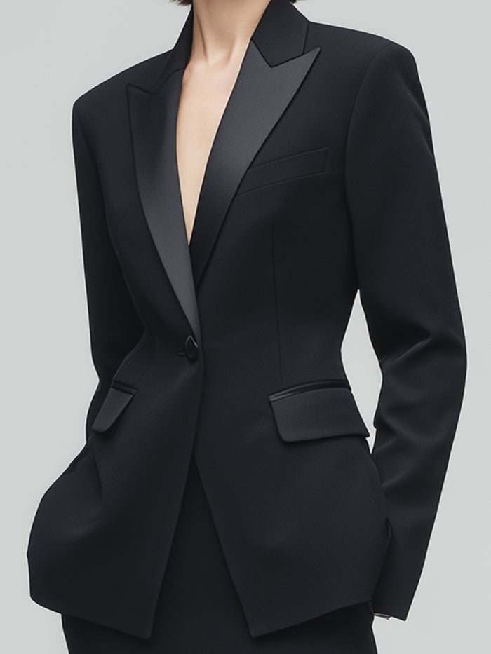 Satin-Lapel Blazer And Lace Hem Skirt Set