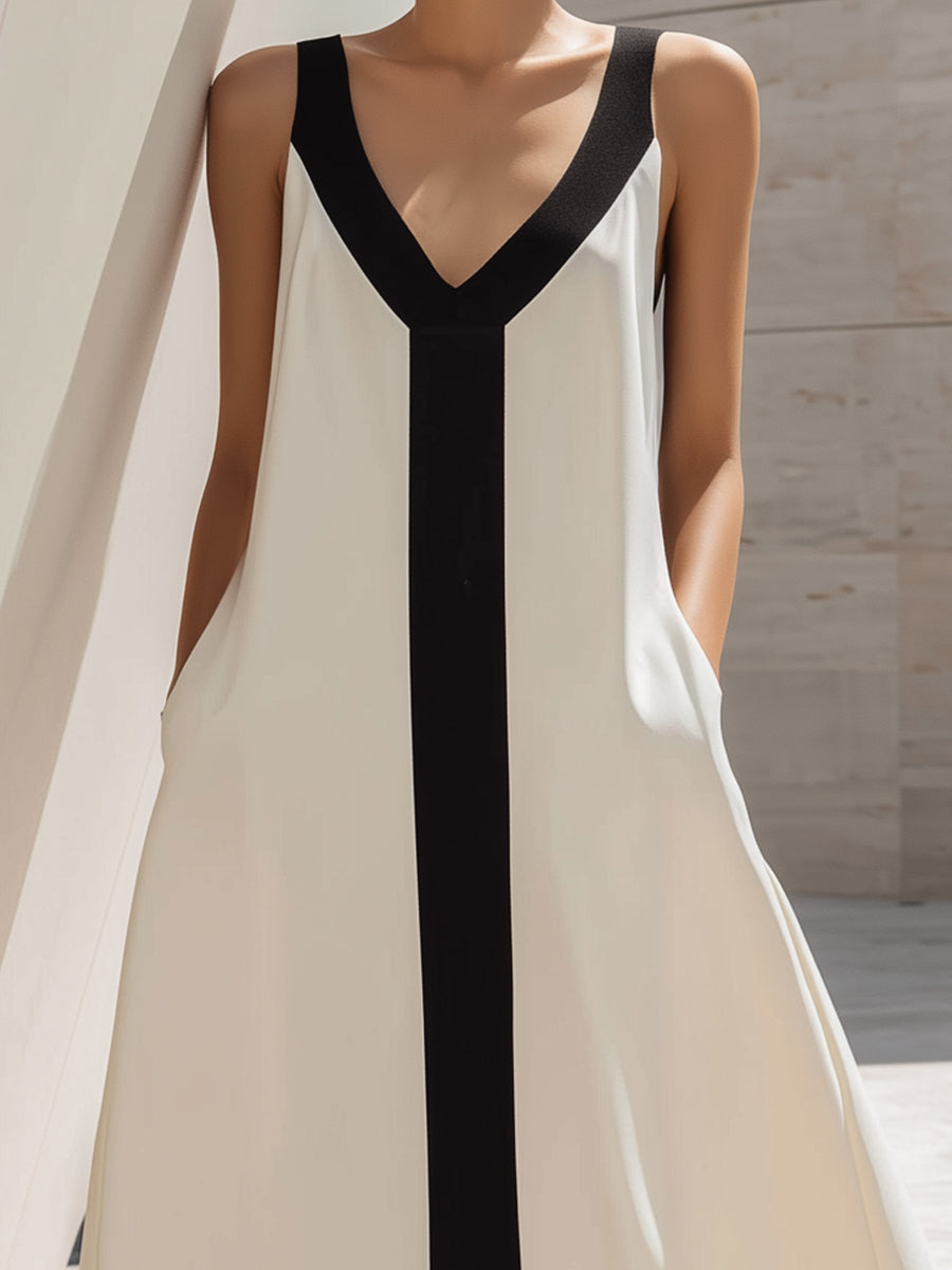 Contrast V-Neck Sleeveless Midi Dress With Vertical Panel