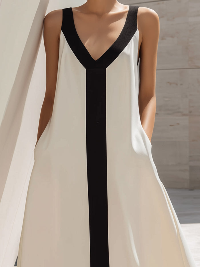 Contrast V-Neck Sleeveless Midi Dress With Vertical Panel
