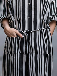 Vertical Stripe Belted Button-Front Midi Dress
