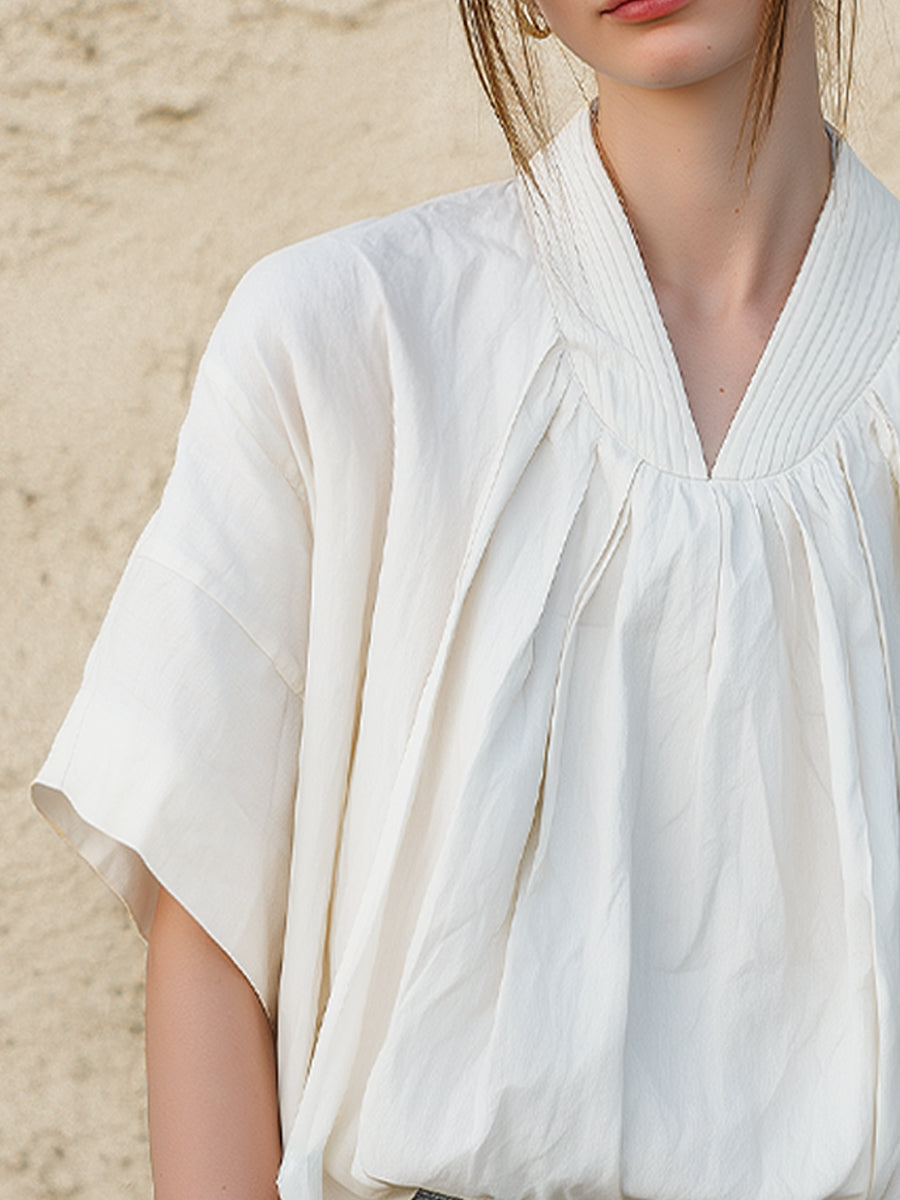 Pleated V-Neck Short Sleeve Blouse