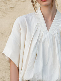Pleated V-Neck Short Sleeve Blouse