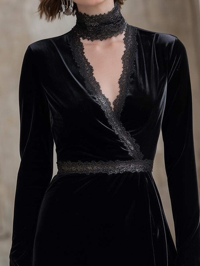 Noir Lace-Trim Velvet Mini Dress