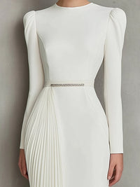 Elegant White Pleated Midi Dress With Crystal Belt