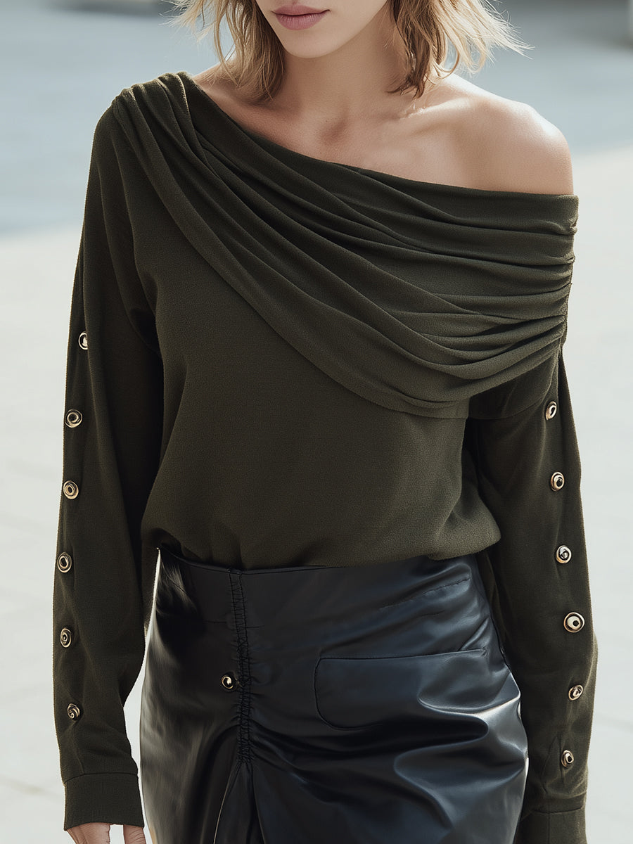 Draped Off-Shoulder Grommet Sleeve Top