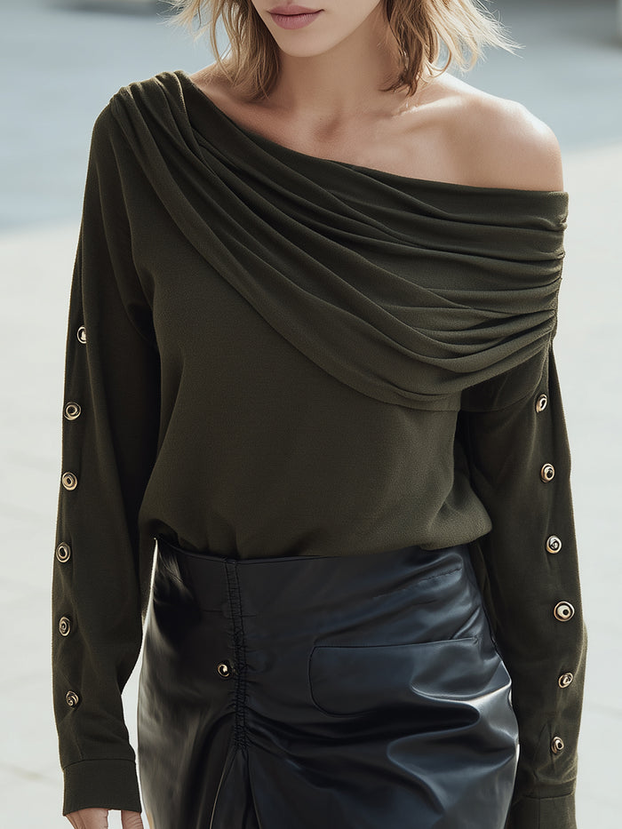 Draped Off-Shoulder Grommet Sleeve Top