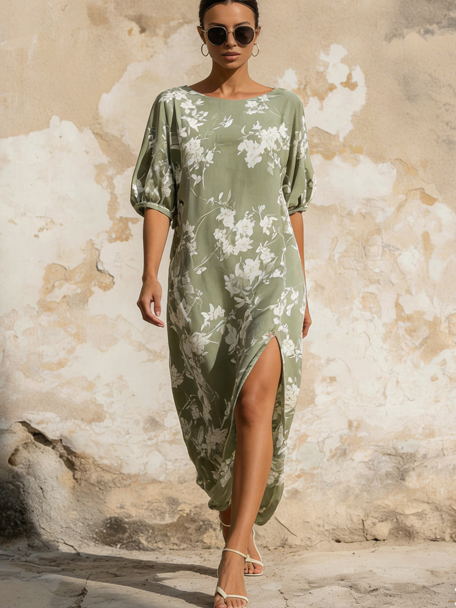 Elegant Sage Green Floral Slit Midi Dress