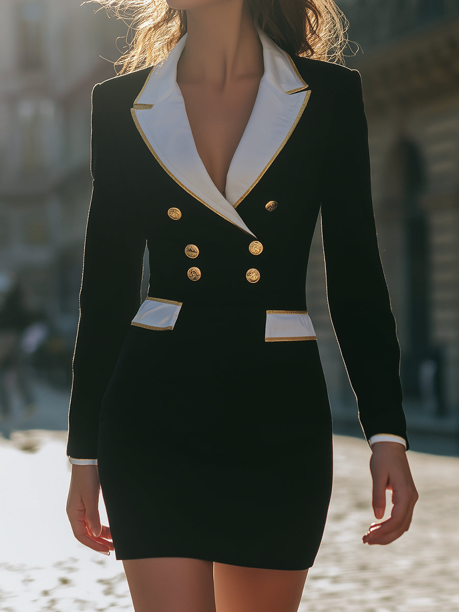 Black Blazer Dress With White Lapel Trim