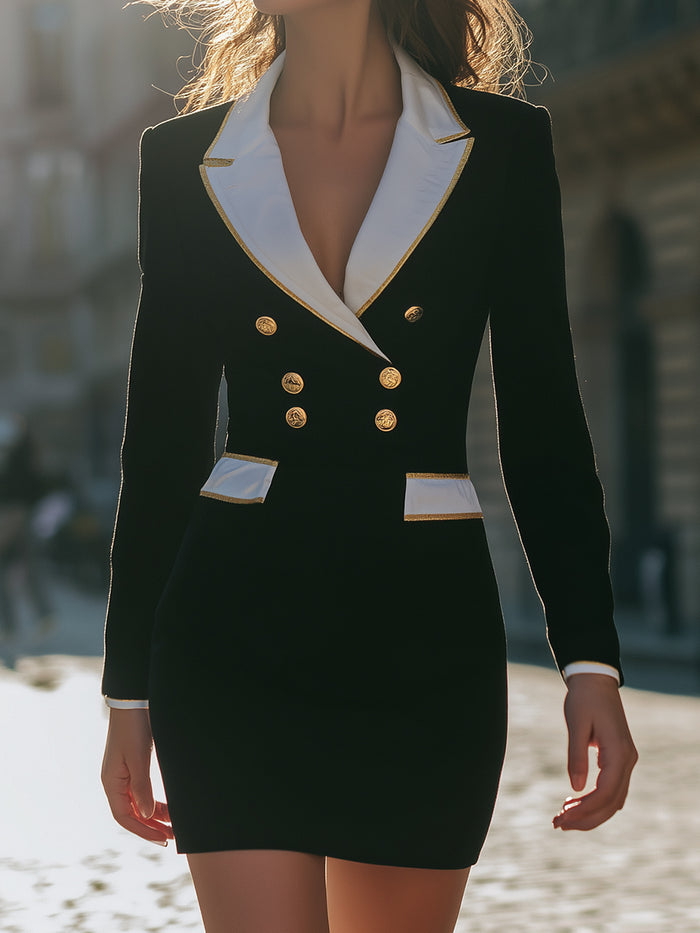 Black Blazer Dress With White Lapel Trim