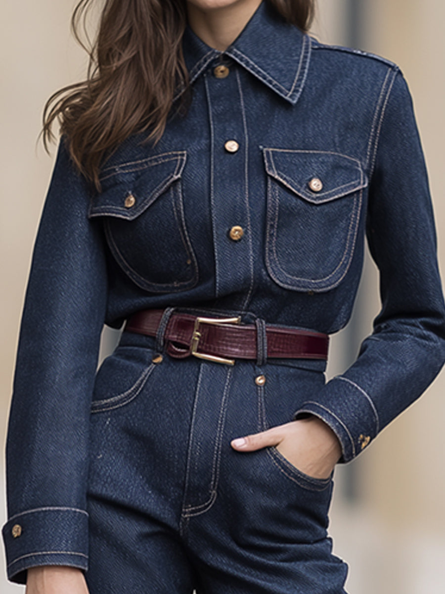 Dark Blue Slim Fit Denim Shirt And Straight Leg Pants Set