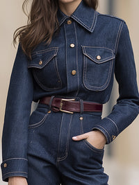 Dark Blue Slim Fit Denim Shirt And Straight Leg Pants Set