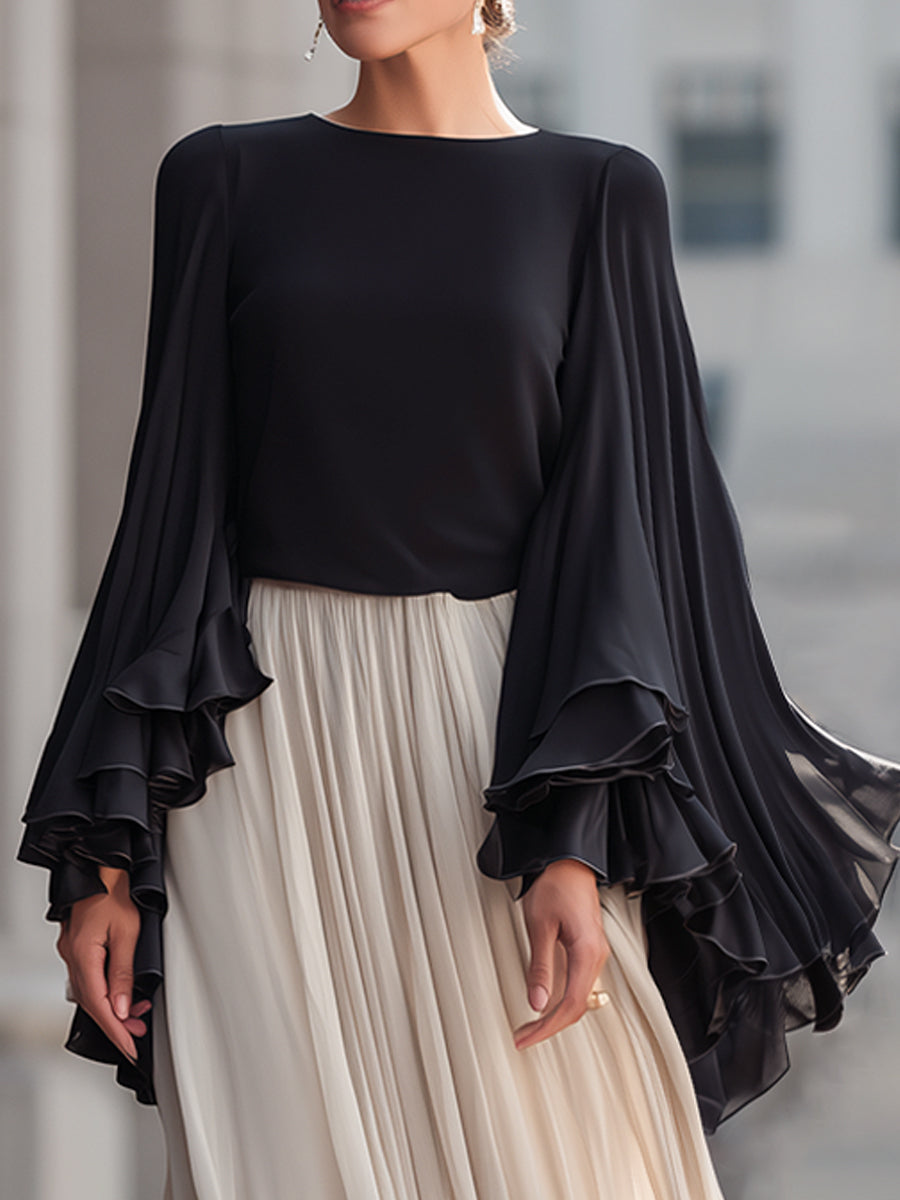 Two-Tone Chiffon Bell-Sleeve Top & Flowing Pleated Maxi Skirt Set