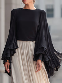 Two-Tone Chiffon Bell-Sleeve Top & Flowing Pleated Maxi Skirt Set