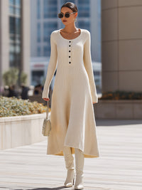 Ivory Ribbed Knit Button-Front Dress
