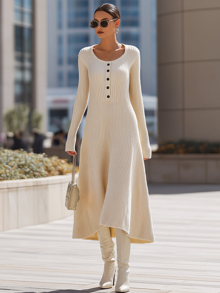 Ivory Ribbed Knit Button-Front Dress