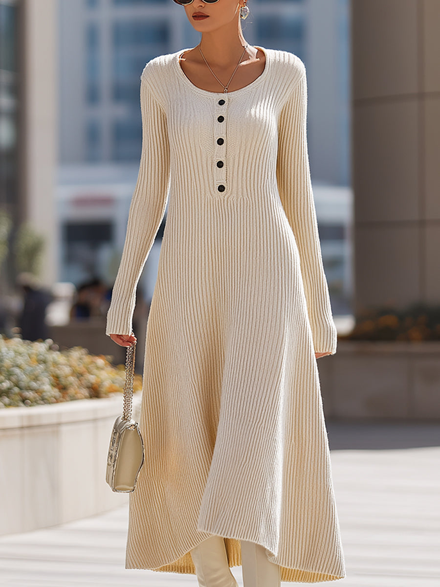 Ivory Ribbed Knit Button-Front Dress
