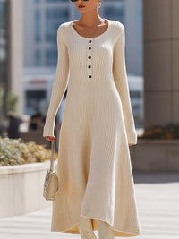 Ivory Ribbed Knit Button-Front Dress