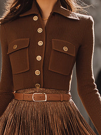 Bronze Pleated Midi Skirt With Ribbed Knit Top