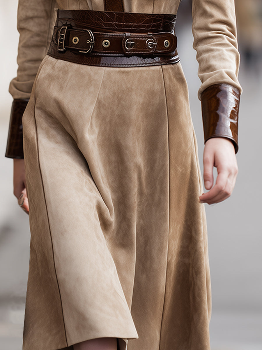 Two-Tone Suede And Leather Belted Shirt Dress