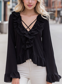 Black Ruffle Trim Crisscross V-Neck Blouse