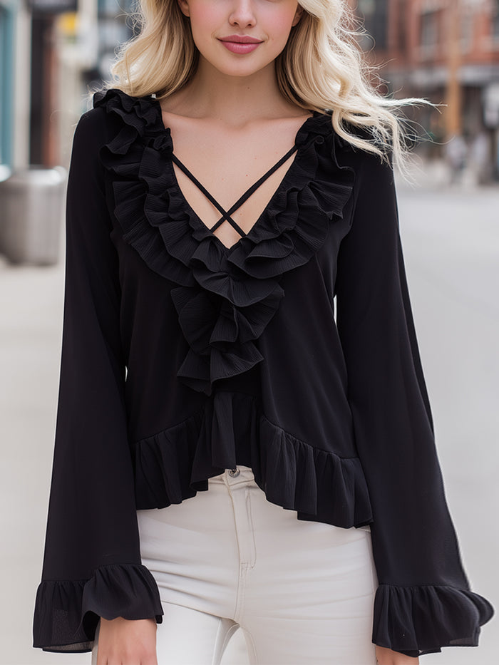 Black Ruffle Trim Crisscross V-Neck Blouse