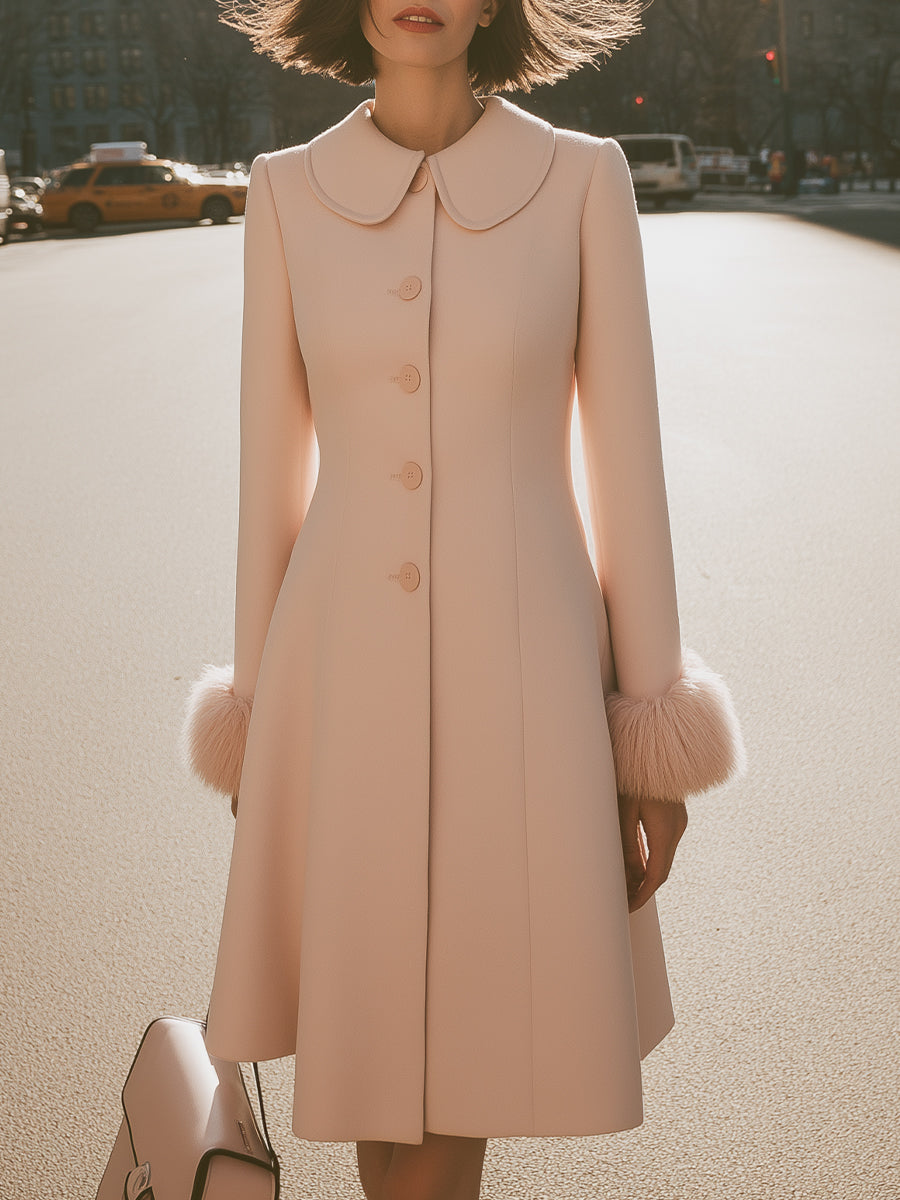 Blush Pink Coat Dress With Peter Pan Collar And Fur Cuffs