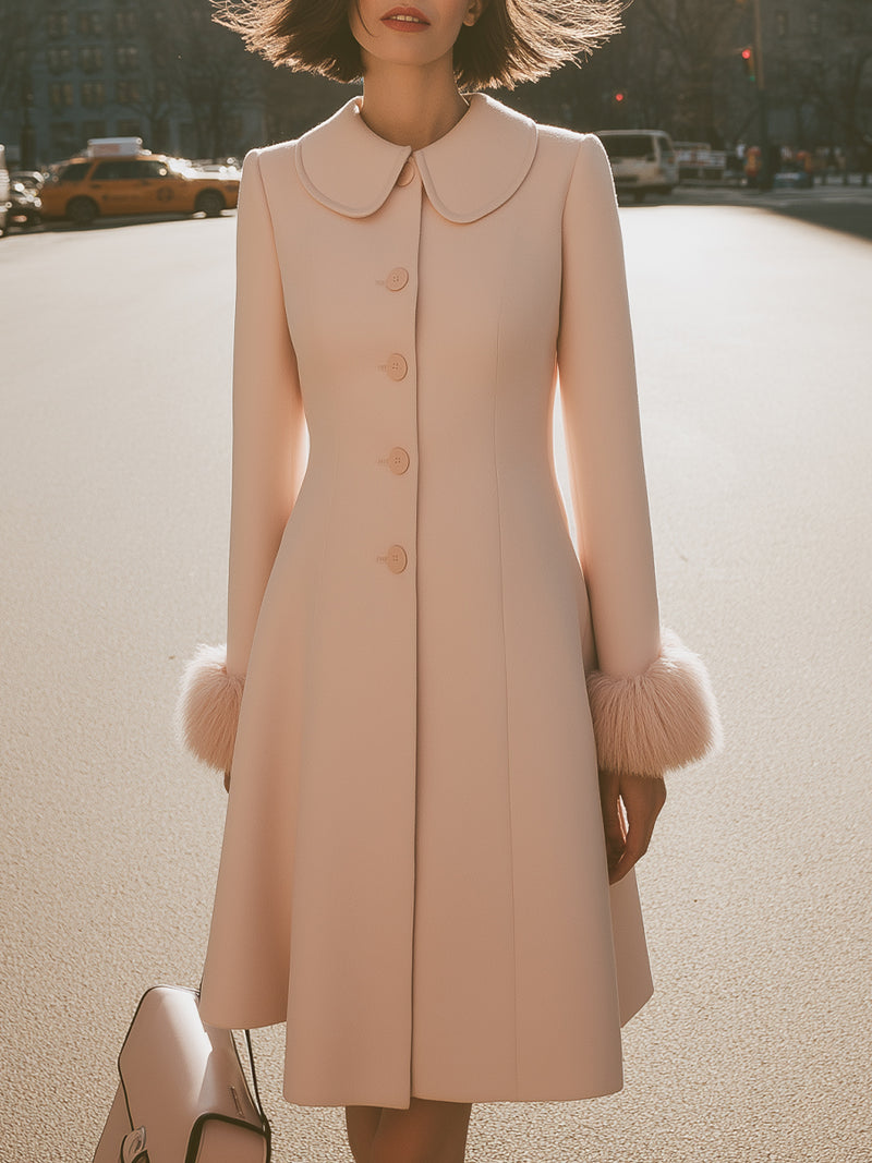 Blush Pink Coat Dress With Peter Pan Collar And Fur Cuffs