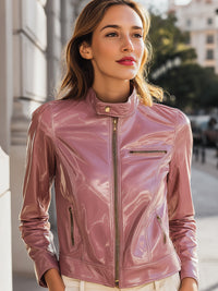 Blush Patent Faux Leather Moto Jacket