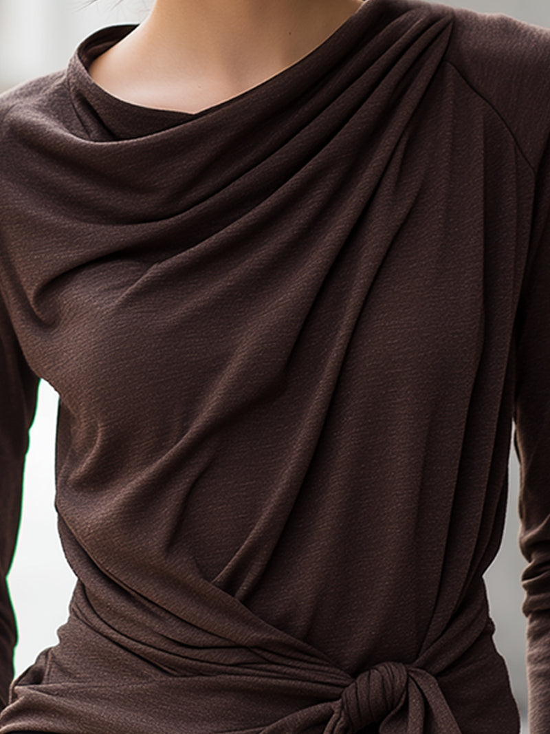 Draped Chocolate Brown Knot-Front Top