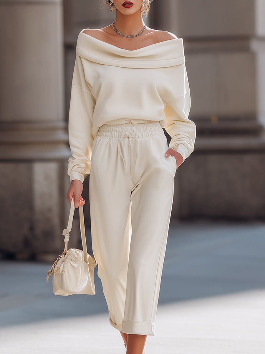 Ivory Off-Shoulder Knit Top & Relaxed Drawstring Pants Set