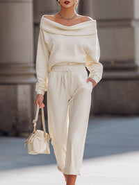 Ivory Off-Shoulder Knit Top & Relaxed Drawstring Pants Set