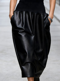 Ribboned Spaghetti Strap Faux Leather Midi Skirt
