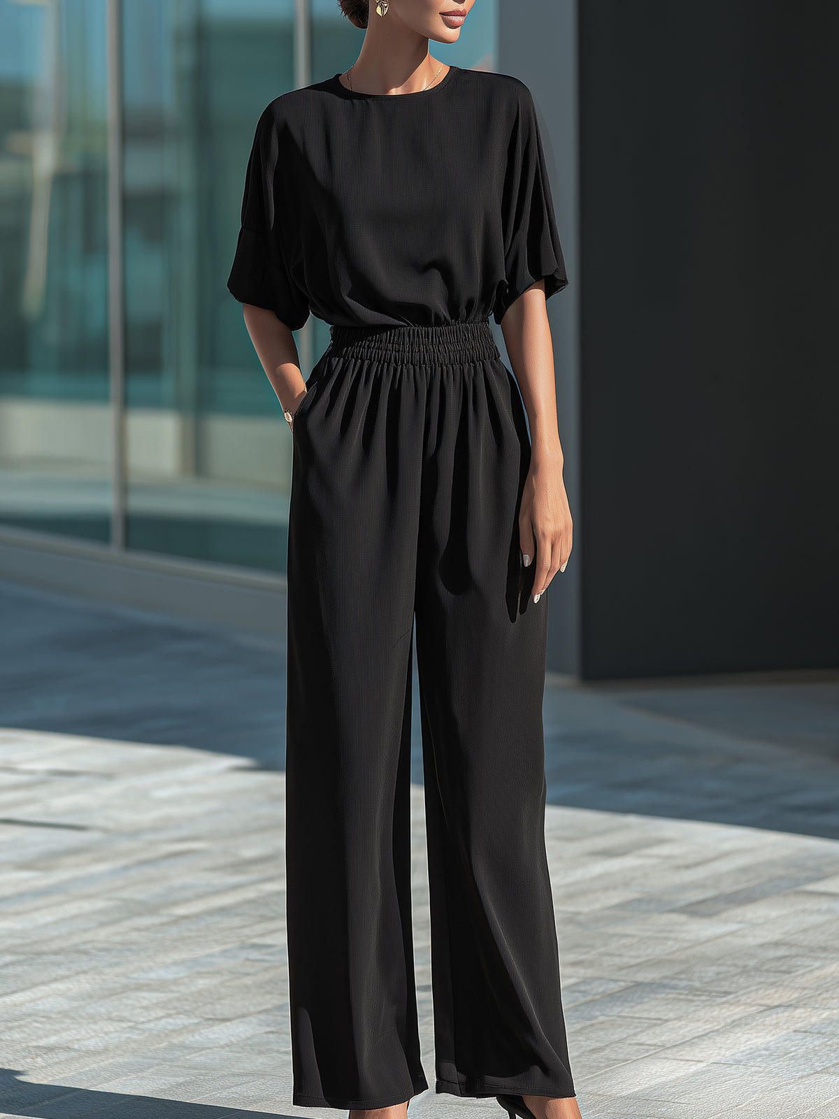 Relaxed Draped Top & Elastic-Waist Wide-Leg Pants Set