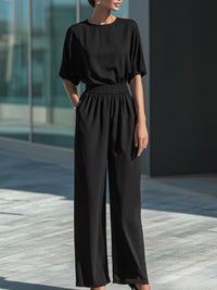 Relaxed Draped Top & Elastic-Waist Wide-Leg Pants Set