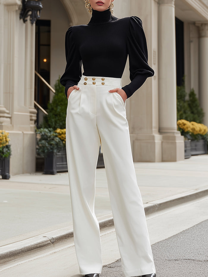 Black Puff Sleeve Turtleneck Top With White Wide-Leg Pants