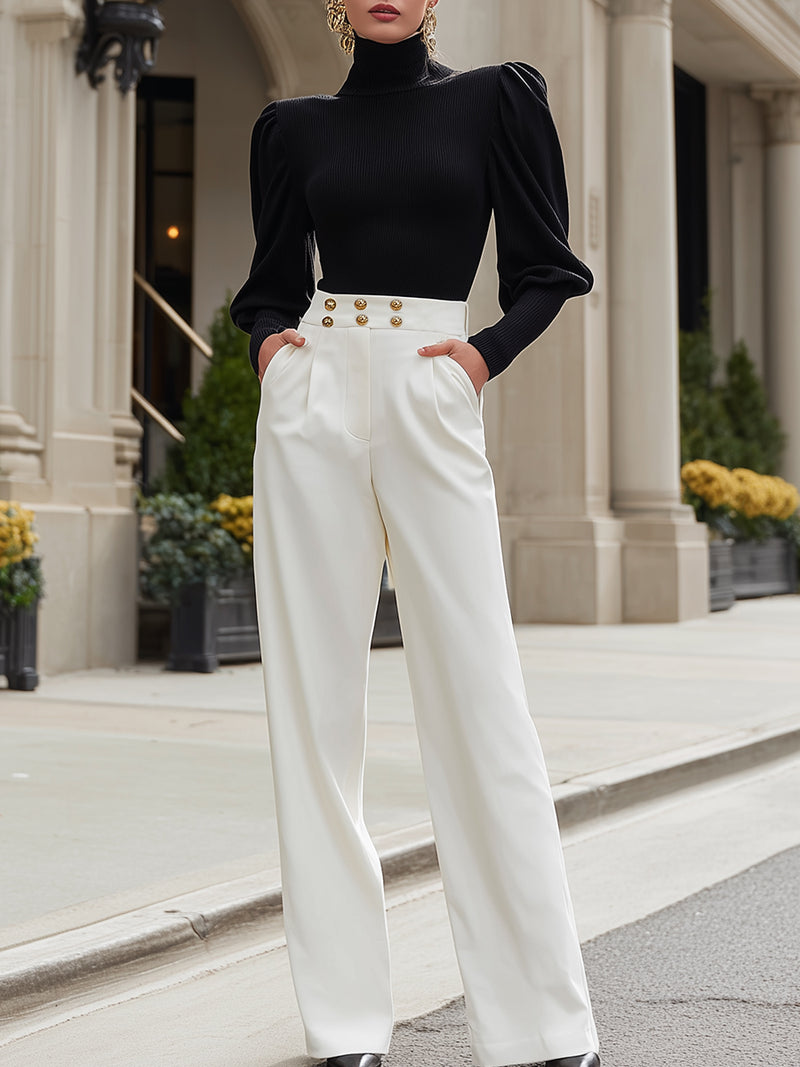 Black Puff Sleeve Turtleneck Top With White Wide-Leg Pants