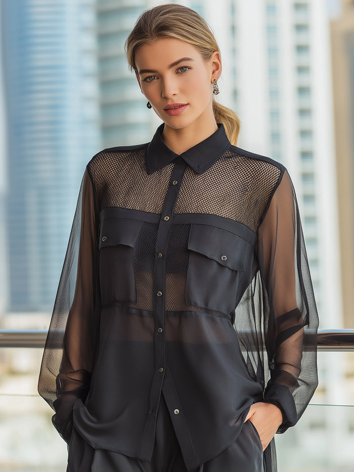 Black Sheer Mesh Panel Button-Down Blouse