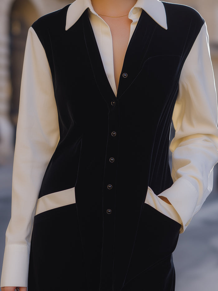 Velvet Contrast Shirt Dress With White Collar And Sleeves