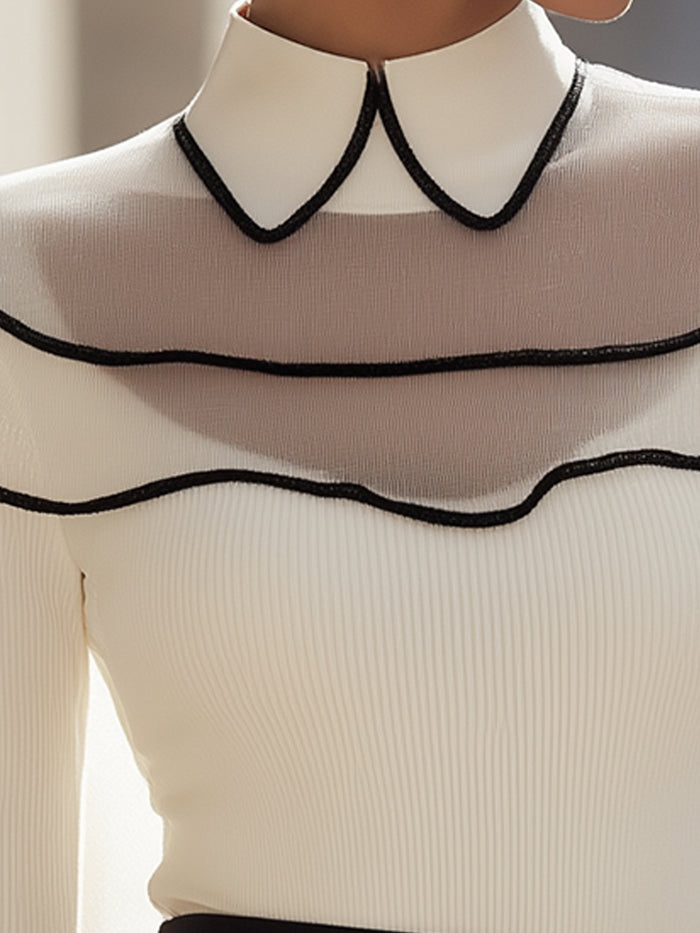 Solid Color Perspective Stitching Ruffled Shawl Knitted Shirt
