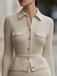 Elegant Ribbed Knit Belted Pantsuit