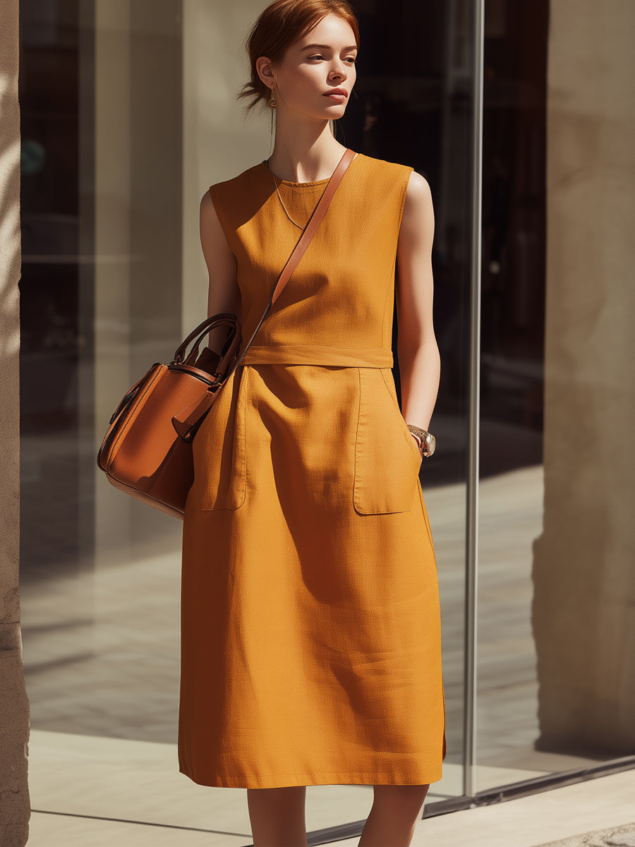 Sleeveless Structured Pocket Midi Dress In Warm Amber