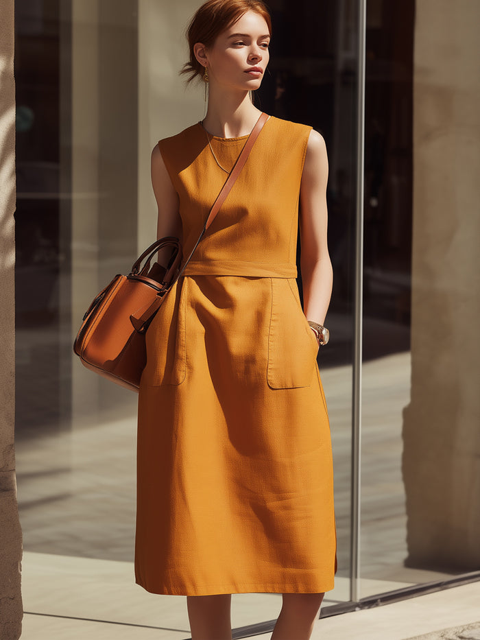 Sleeveless Structured Pocket Midi Dress In Warm Amber