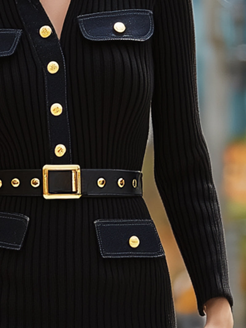Ribbed Knit Paneled Denim Pocket Belt Midi Dress