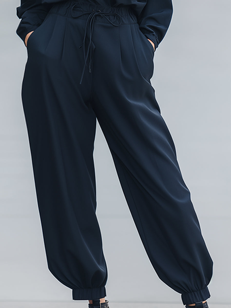 Relaxed High-Neck Long Sleeve Drawstring Jumpsuit