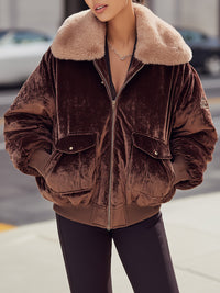 Chocolate Velvet Bomber Jacket With Plush Faux Fur Collar