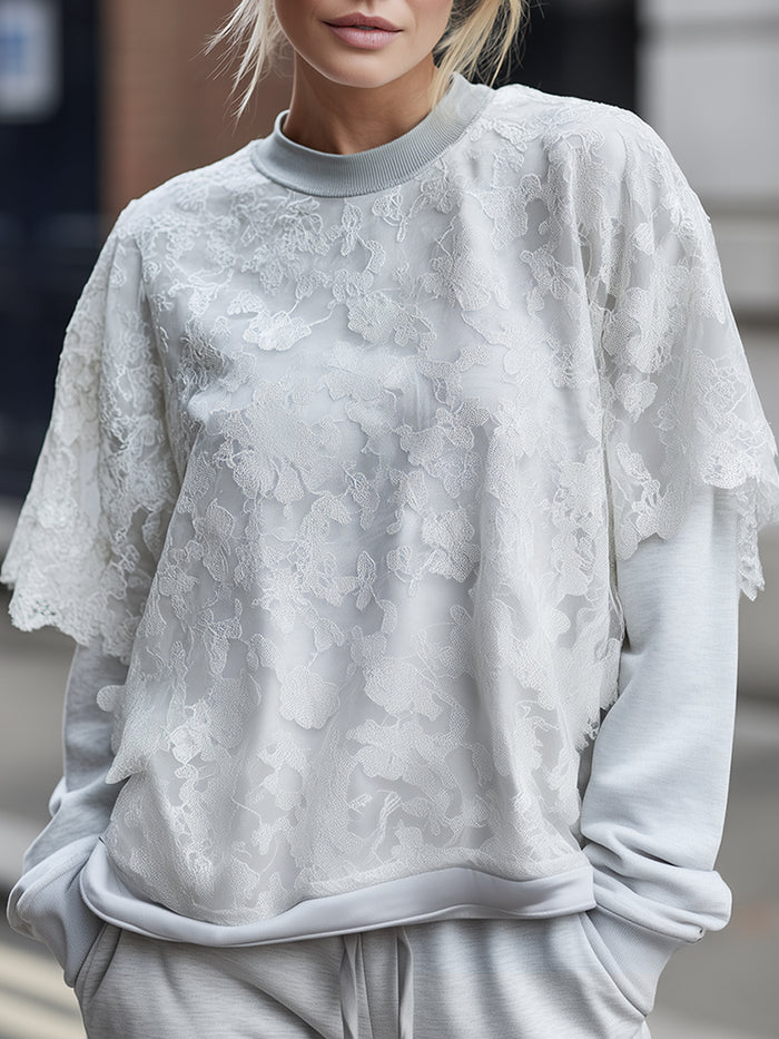 Floral Lace Overlay Relaxed Sweatshirt
