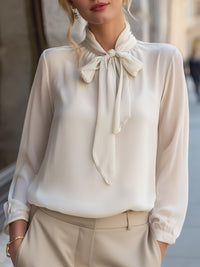 Ivory Bow-Tie Neck Sheer Chiffon Blouse